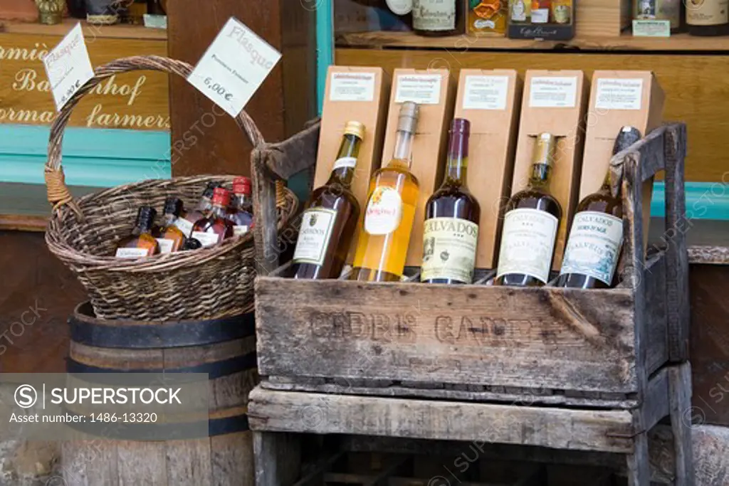 Wine bottles in a liquor store, Honfleur, Calvados, Basse-Normandy, France