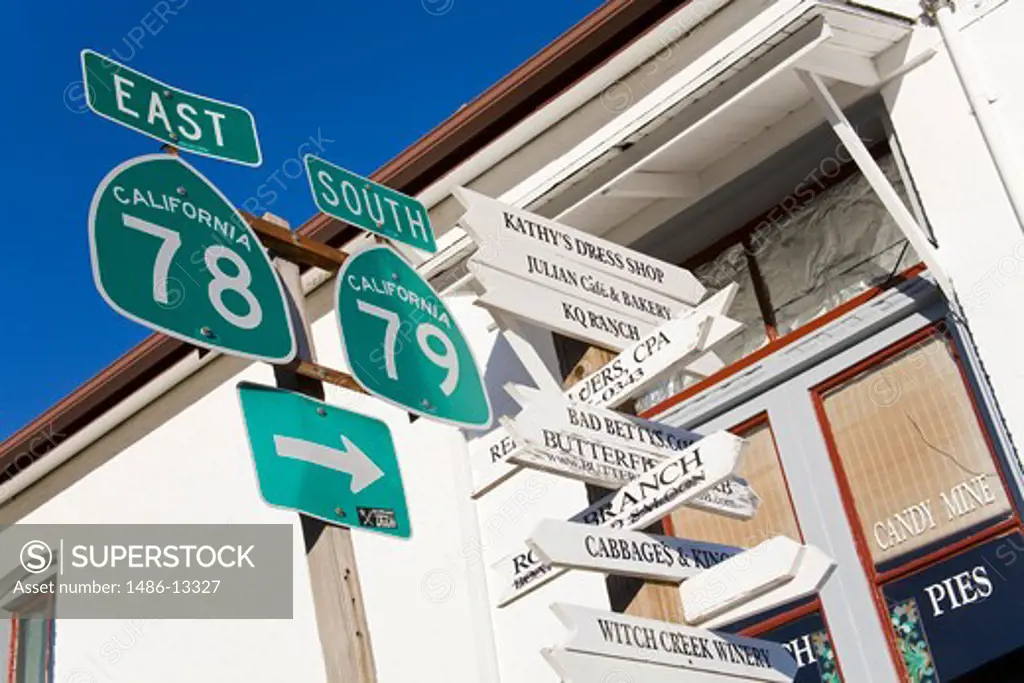 Low angle view of signs, Main Street, Julian, San Diego County, California, USA