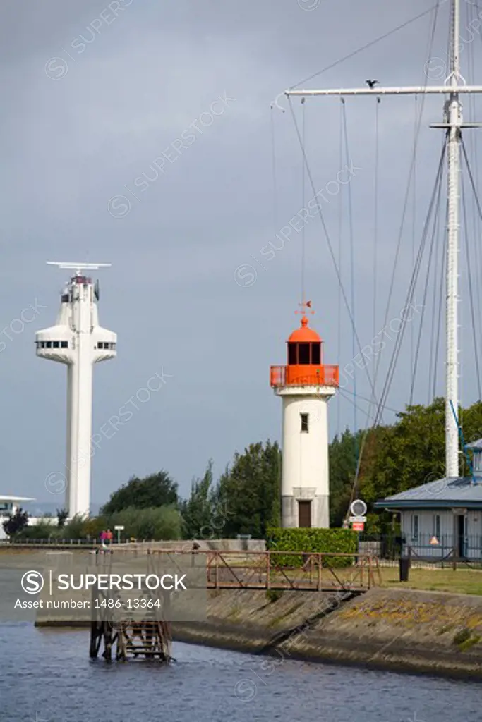 Lighthouse with a control tower at a harbor, Honfleur, Calvados, Basse-Normandy, France
