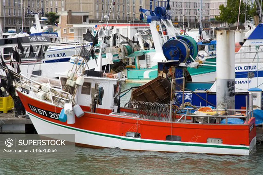 Fishing boats at a port, Le Havre, Seine-Maritime, Haute-Normandy, France