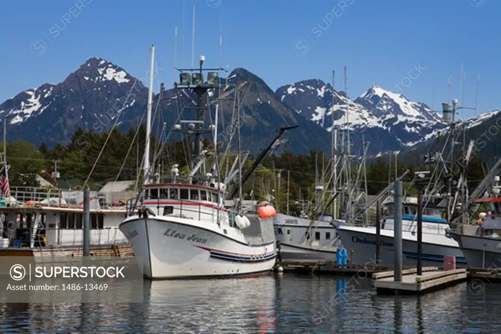 Boats moored at a harbor, Crescent Harbor, Indian River, Sitka, Baranof Island, Alaska, USA