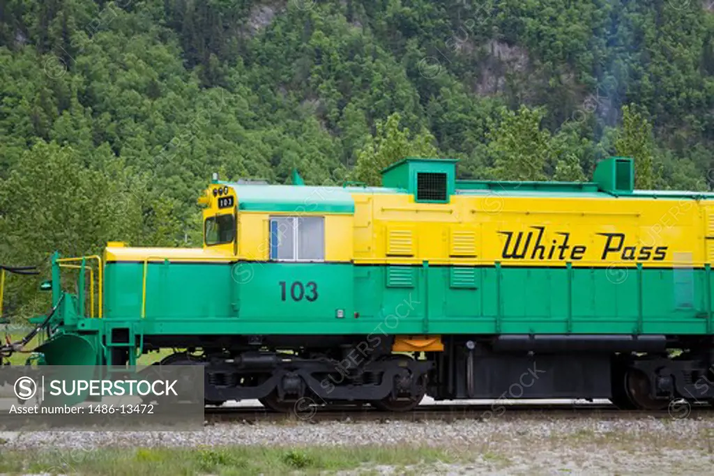 Railroad car moving on railroad track, White Pass and Yukon Route, Skagway, Alaska, USA