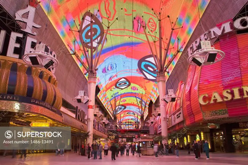 People in a city at night, Fremont Street Experience, Las Vegas, Nevada, USA