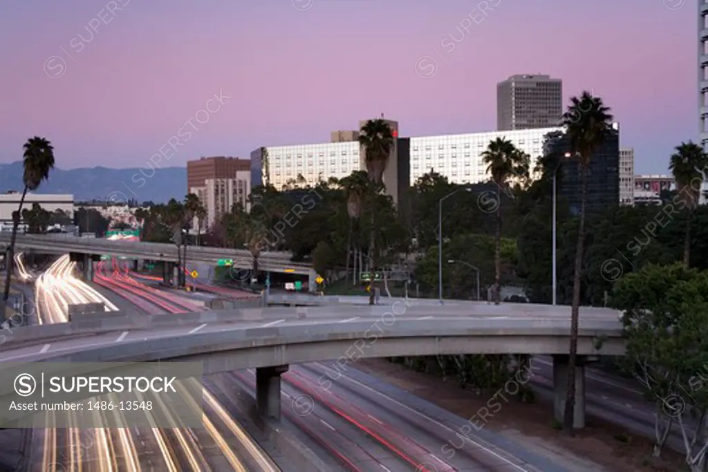 Highway at sunset, California State Route 110, Los Angeles, California, USA