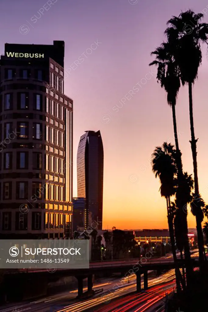 Office building and a hotel in a city, Wedbush Tower, Ritz-Carlton Hotel, California State Route 110, Los Angeles, California, USA