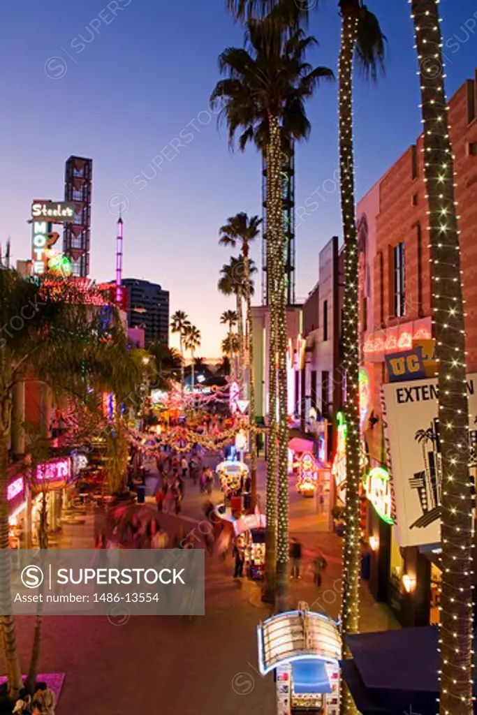 City lit up at night, Universal Citywalk, Universal Studios Hollywood, Universal City, Los Angeles County, California, USA