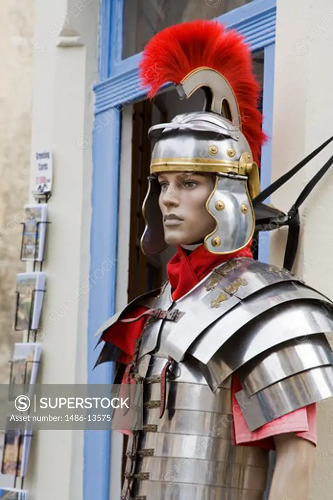 Roman soldier mannequin at the entrance of a shop, Bath, Somerset, England