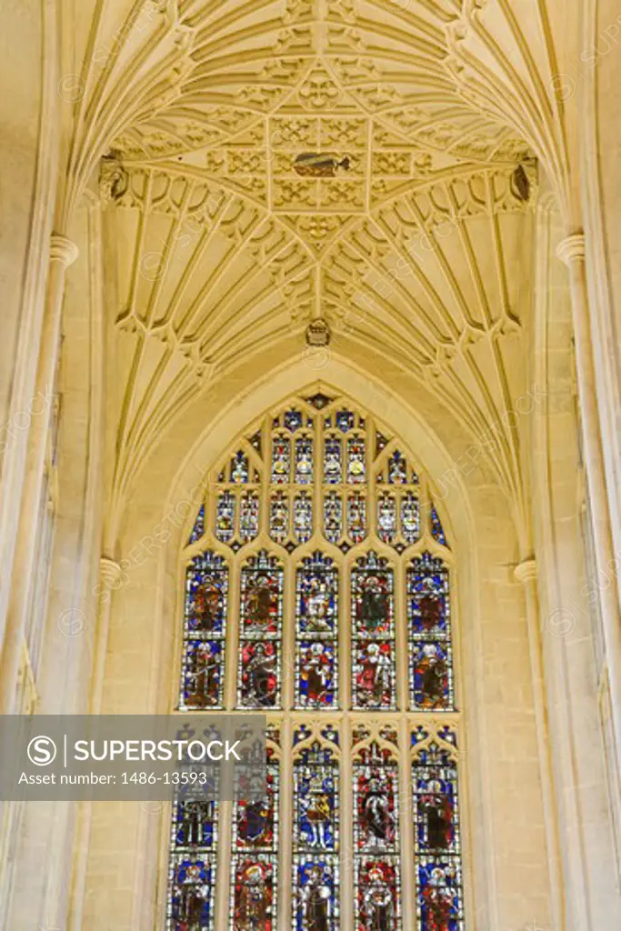 Stained glass window of an abbey, Bath Abbey, Bath, Somerset, England