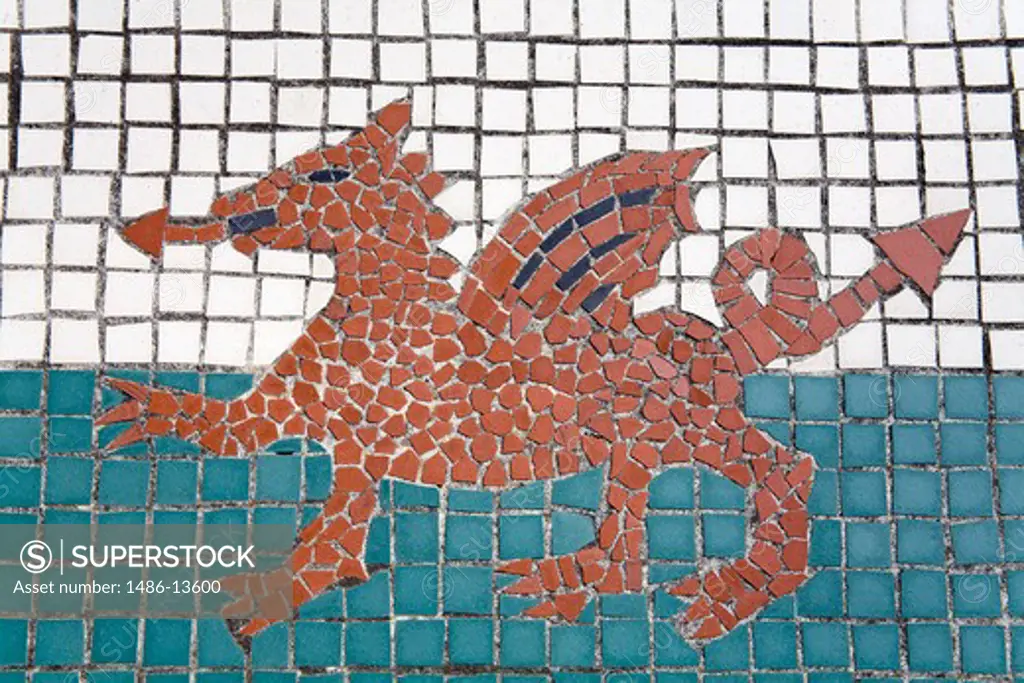 Tile mosaic of Welsh crest, Millennium Stadium, Cardiff, Wales