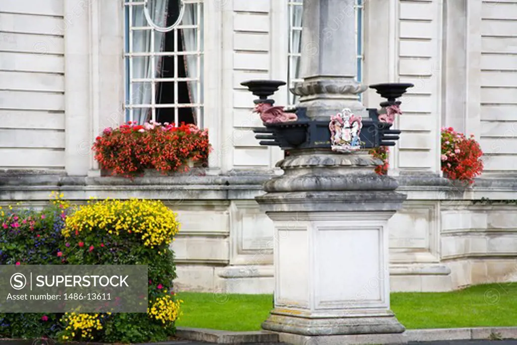 Decorative urn in a garden of a city hall, Cardiff, Wales