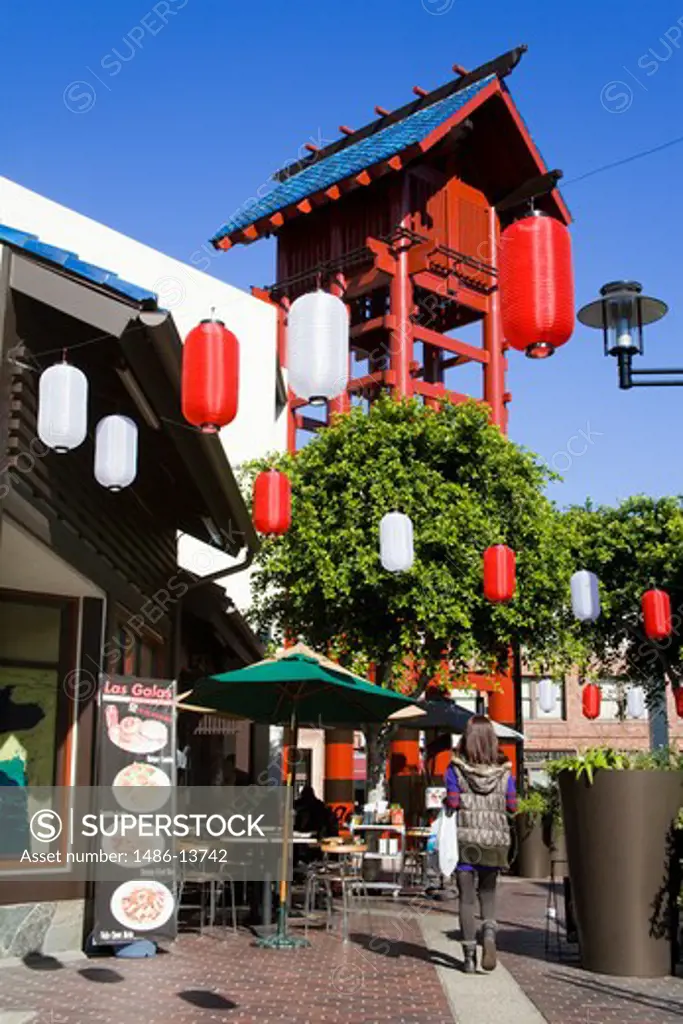 Paper lantern hanging in front of a cafe, Japanese Village Plaza, Little Tokyo, Los Angeles, California, USA