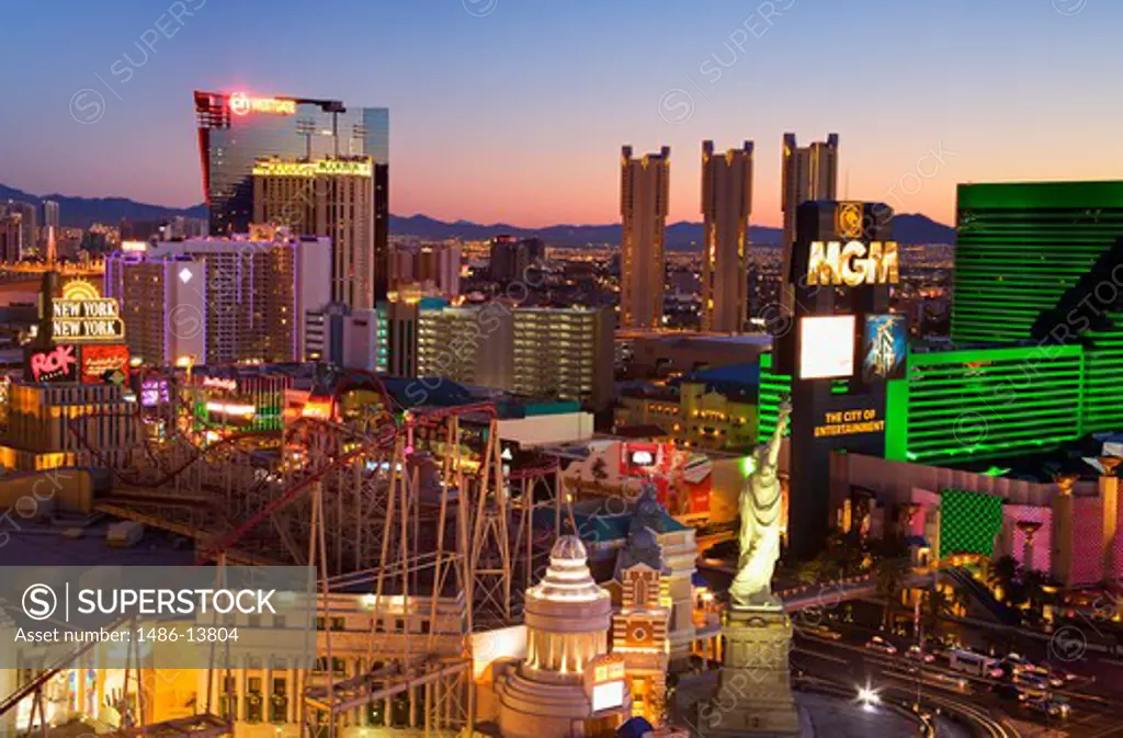 Buildings in a city lit up at dusk, Las Vegas, Nevada, USA