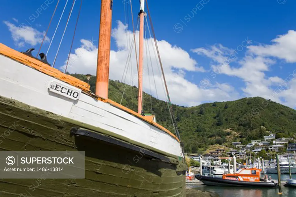 Historic sailing ship Echo at a harbor, Picton, Marlborough, South Island, New Zealand