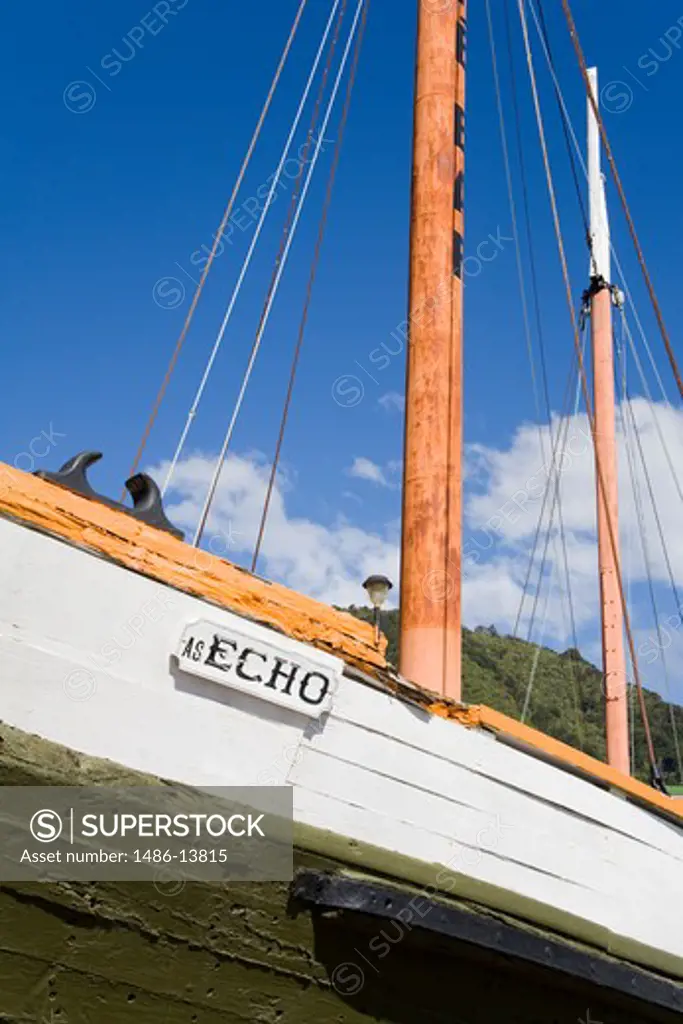 Historic sailing ship Echo at a harbor, Picton, Marlborough, South Island, New Zealand