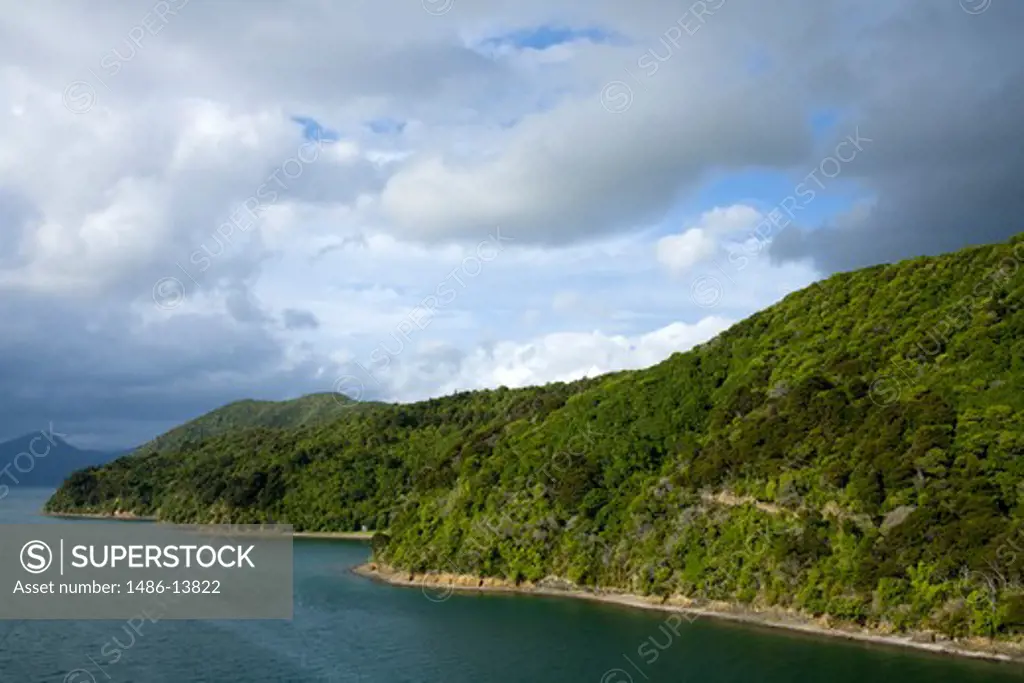Channel along mountains, Queen Charlotte Sound, Picton, Marlborough, South Island, New Zealand