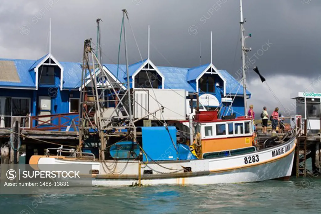 Fishing boat at the Main Wharf, Akaroa, Banks Peninsula, Canterbury, South Island, New Zealand