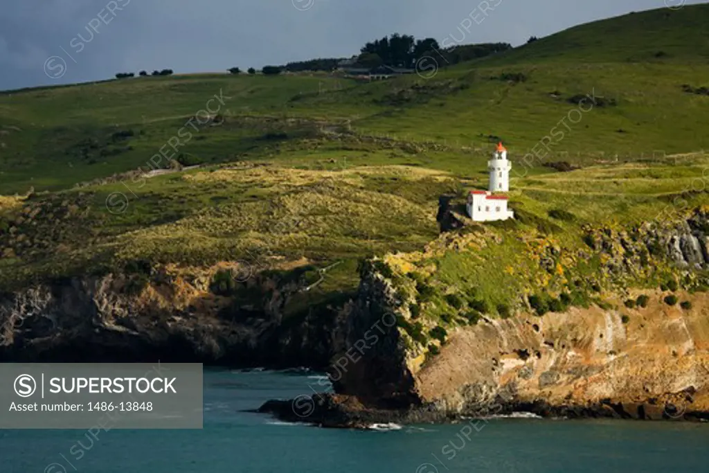 Lighthouse on the coast, Taiaroa Head Lighthouse, Taiaroa Head, Dunedin, Otago Peninsula, South Island, New Zealand