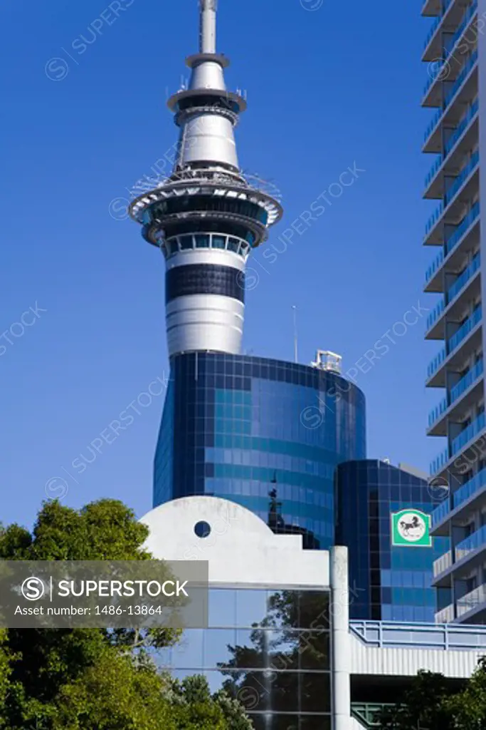 Low angle view of Sky Tower, Central Business District, Auckland, North Island, New Zealand