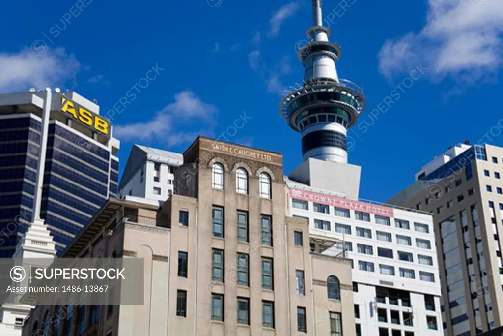 Low angle view of Sky Tower, Central Business District, Auckland, North Island, New Zealand