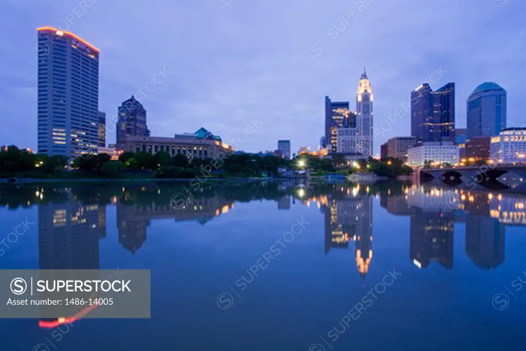 Reflection of skyscrapers in Scioto River, Columbus, Ohio, USA