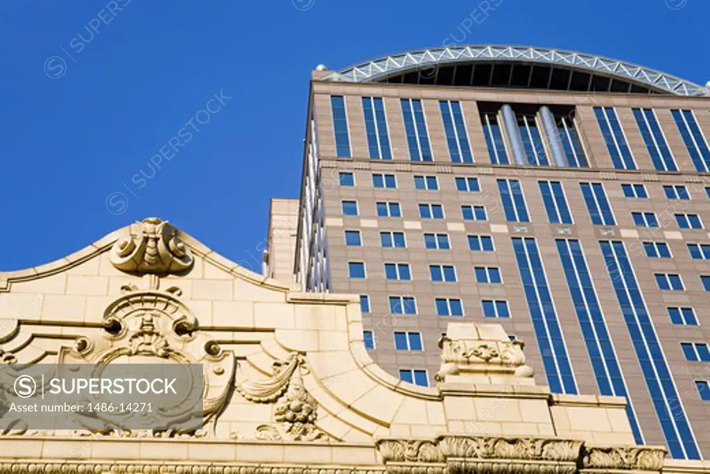 USA, Pennsylvania, Pittsburgh, Heinz Hall and skyscraper, low angle view