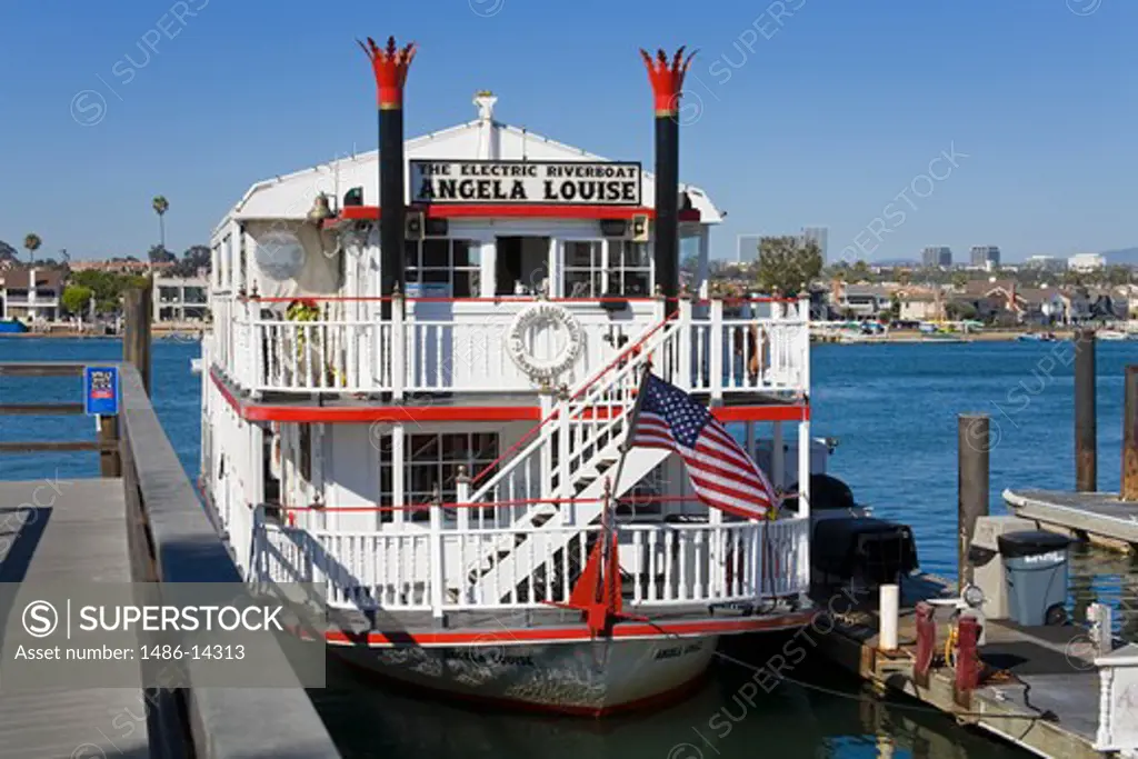 USA, California, Orange County, Newport Beach, Electric Riverboat Angela Louise in Balboa Village