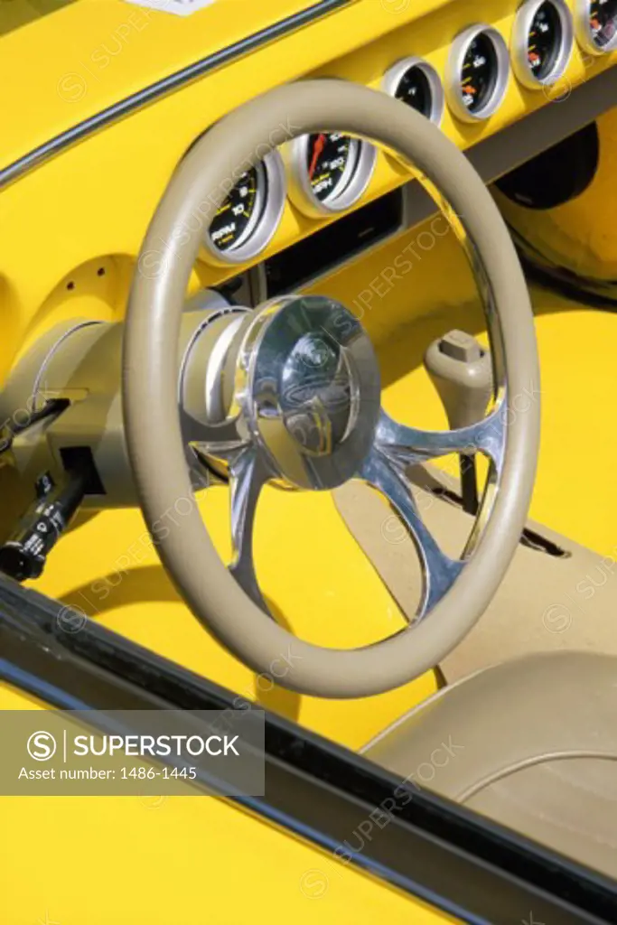 Close-up of the steering wheel of a convertible car, Chevrolet Corvette