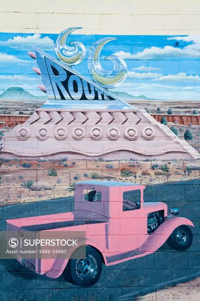 Route 66 mural on a wall, Tucumcari, New Mexico, USA