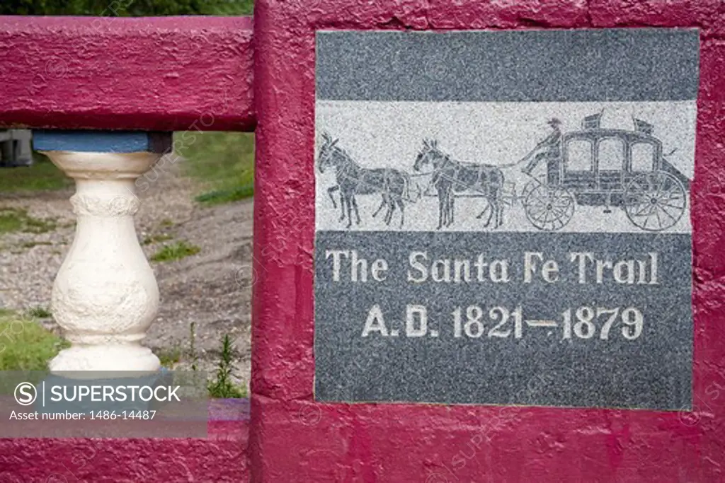 Santa Fe Trail marker on bridge in Old Town, Las Vegas, San Miguel County, New Mexico, USA