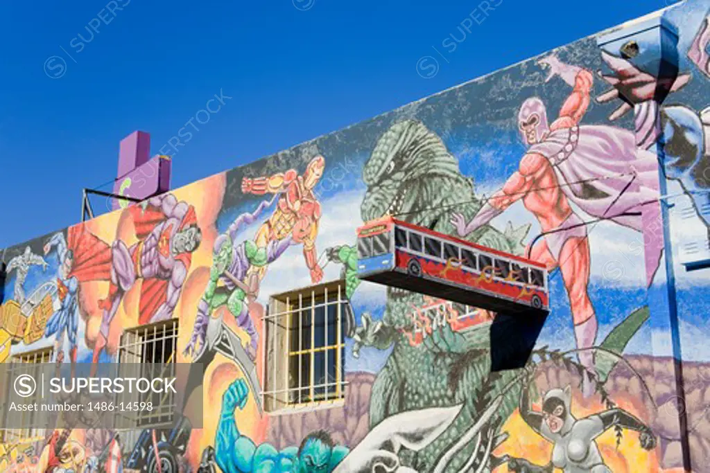 USA, New Mexico, Albuquerque, Nob Hill District, Mural on comic book store