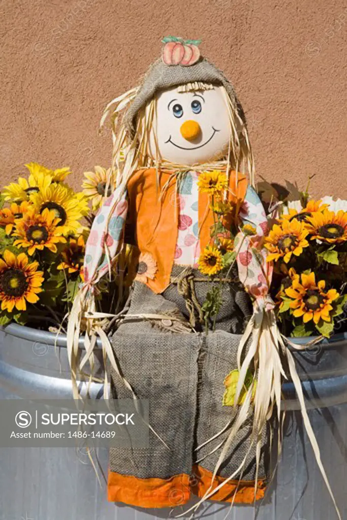 USA, New Mexico, Santa Fe, Old Santa Fe Trail, Doll in flower pot