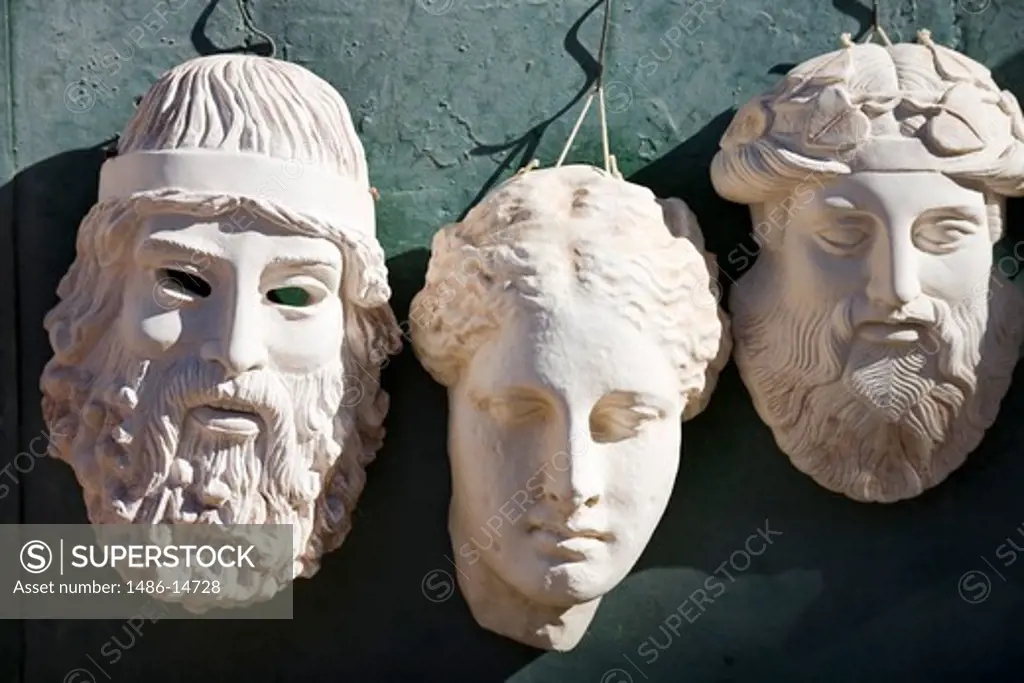God masks display at a store, Plaka District, Athens, Greece
