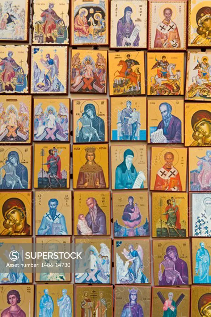 Orthodox icons for sale at a market stall, Plaka District, Athens, Greece