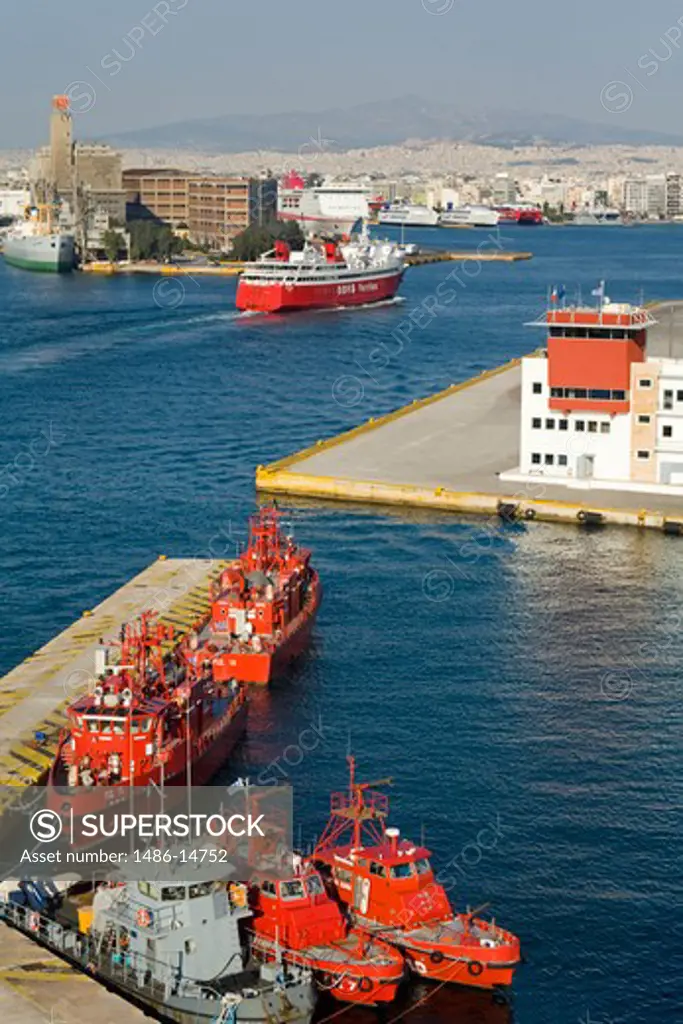 Port control tower with fire boats at a port, Port of Piraeus, Athens, Greece