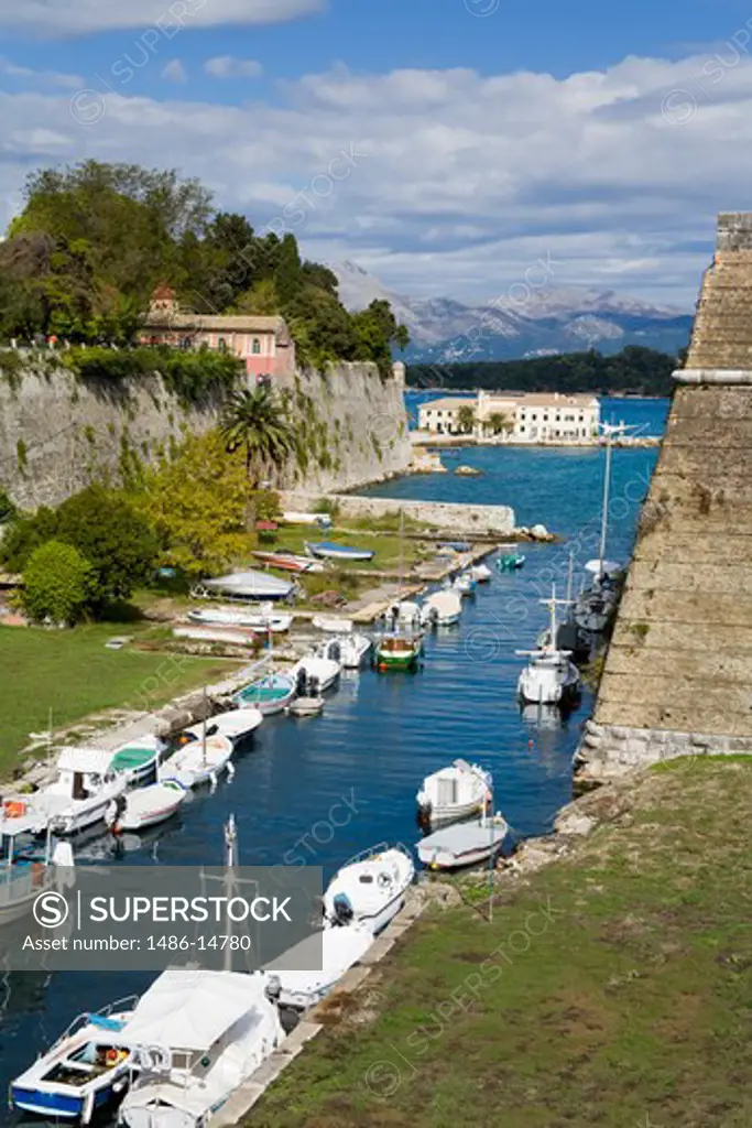 Boats in moat at an old fortress, Corfu Town, Ionian Islands, Greece