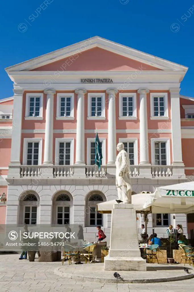 Statue in front of a museum, Banknote Museum, Heroes of Cypriot Struggle Square, Corfu Town, Ionian Islands, Greece