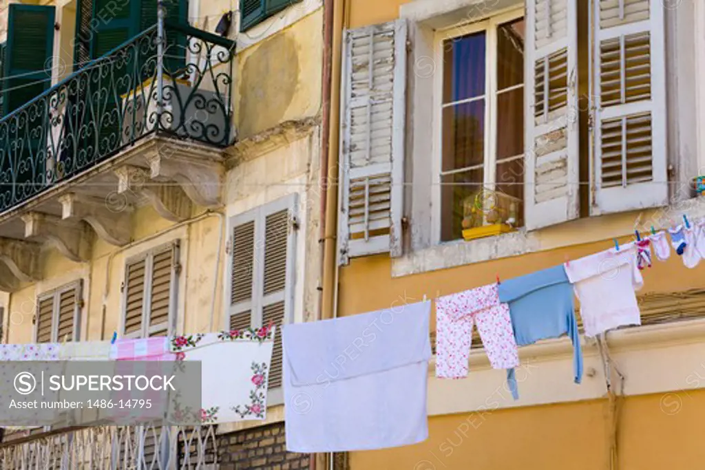 Clothesline of a laundry in old town, Corfu Town, Ionian Islands, Greece