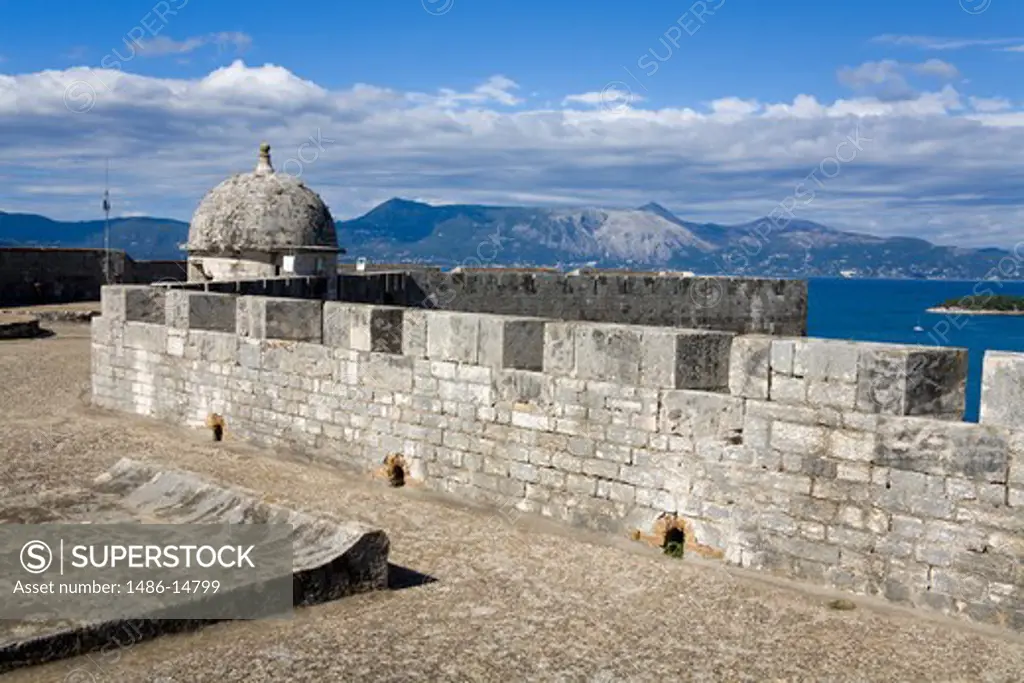 Fortified wall at the waterfront, New Fortress, Corfu Town, Ionian Islands, Greece