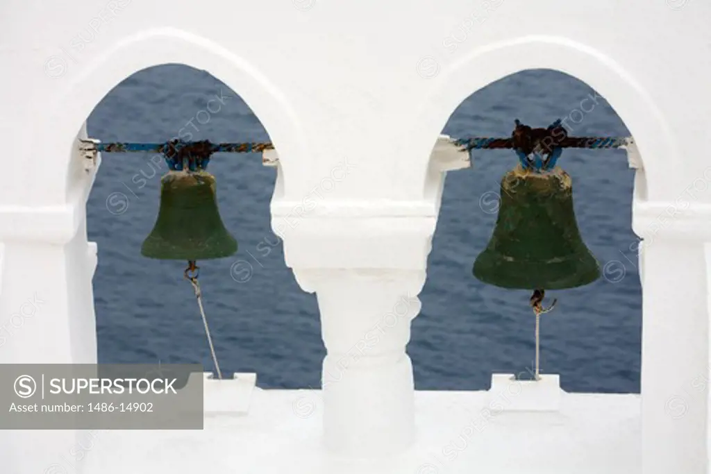 Belltower of Greek Orthodox Church in Oia village, Santorini Island, Greece, Europe