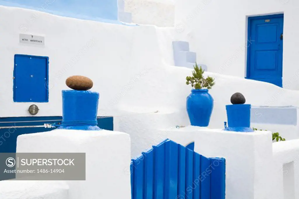 Blue pots in Oia village, Santorini Island, Greece, Europe
