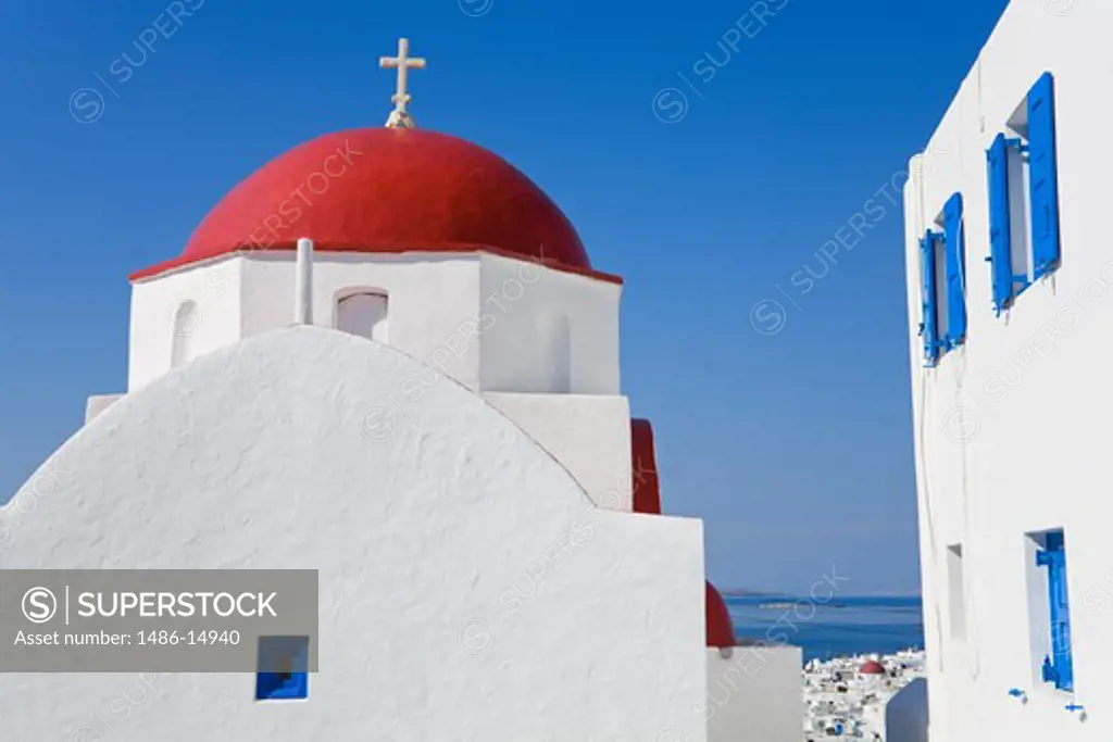 Red domed church in Mykonos Town, Island of Mykonos, Cyclades, Greece, Europe