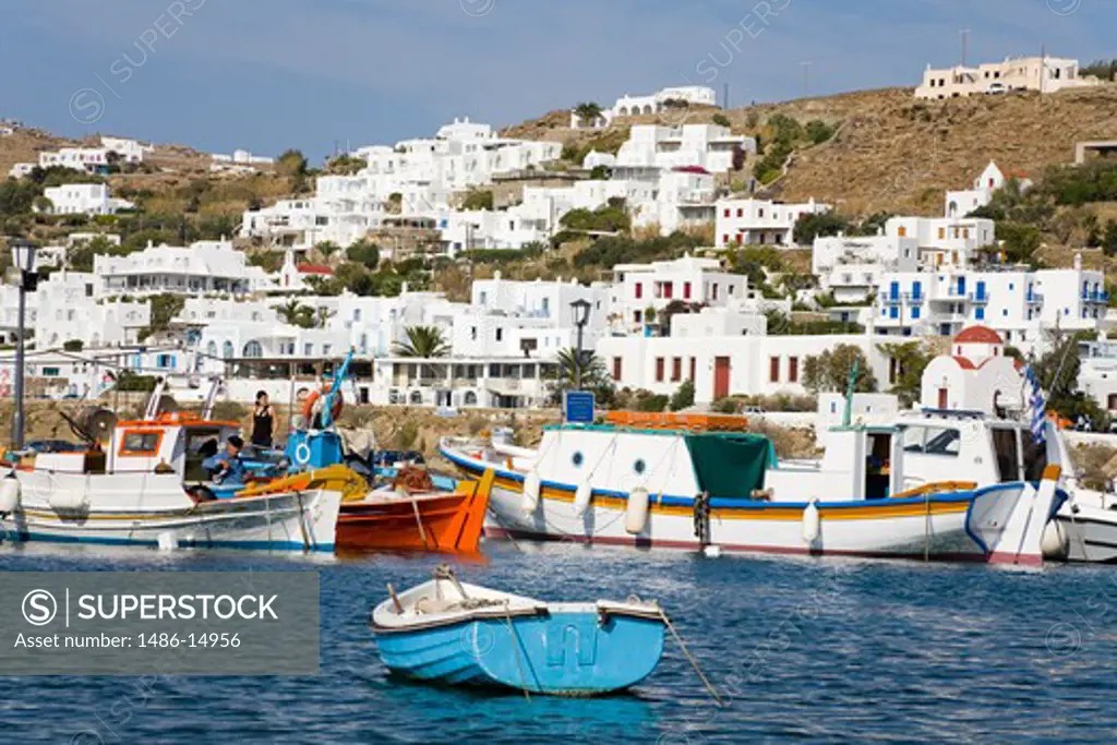 Fishing boats in Mykonos Town, Island of Mykonos, Cyclades, Greece, Europe