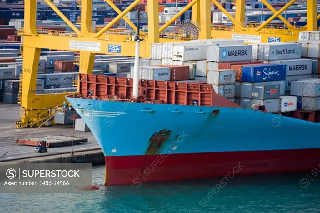 Container ship in the Port of Barcelona, Catalonia, Spain, Europe