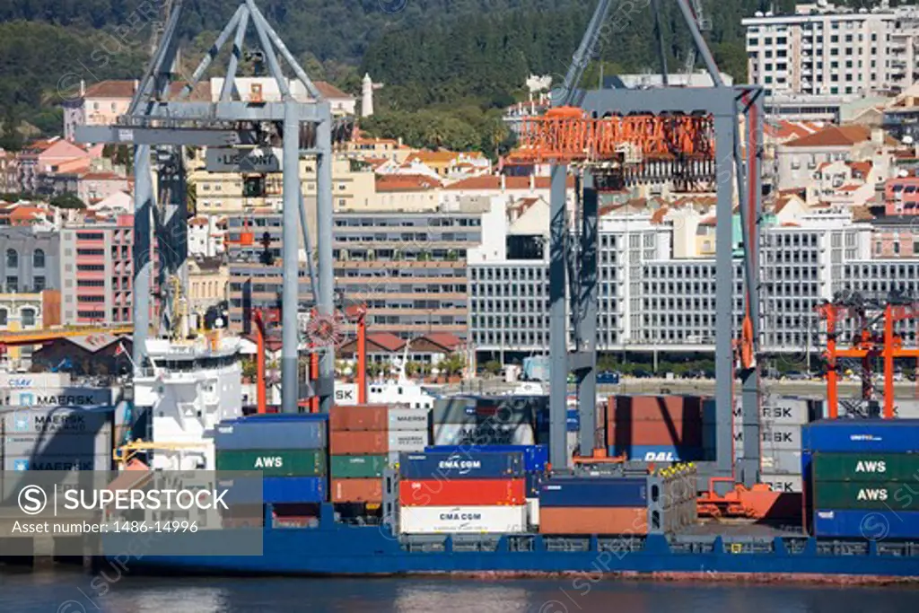 Container ship in Santo Amaro docks, Lisbon, Portugal, Europe