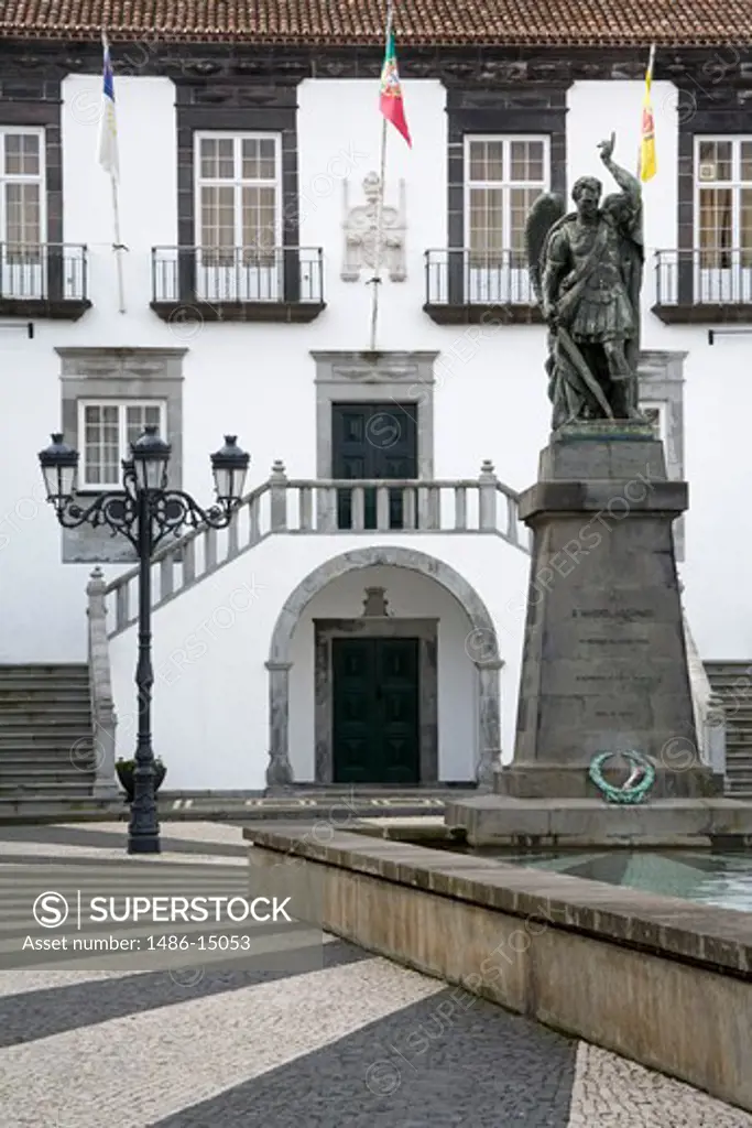 Ponta Delgada Town Hall & statue of the Arcangel, Sao Miguel Island, Azores, Portugal, Europe