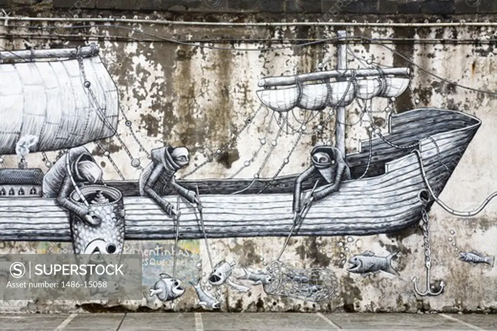 Mural on the Breakwater, Ponta Delgada City, Sao Miguel Island, Azores, Portugal, Europe