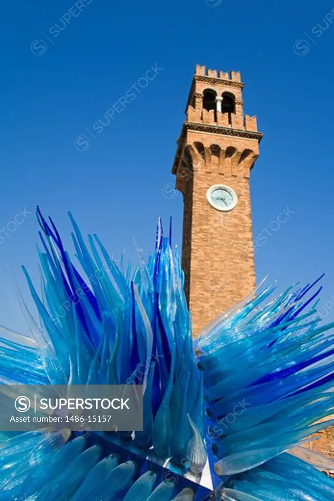 Glass sculpture 'Comet' by Simone Cenedese & clock tower, Murano Island, Venice, Italy, Europe