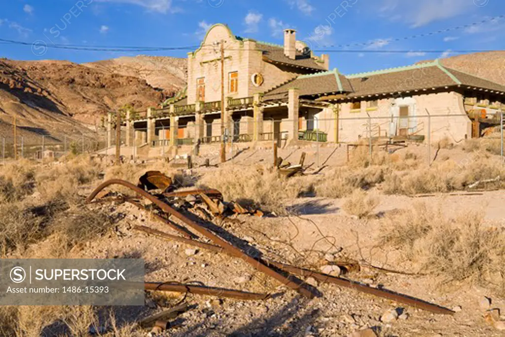 Railway station in the Rhyolite ghost town, Beatty, Nevada, USA, North America