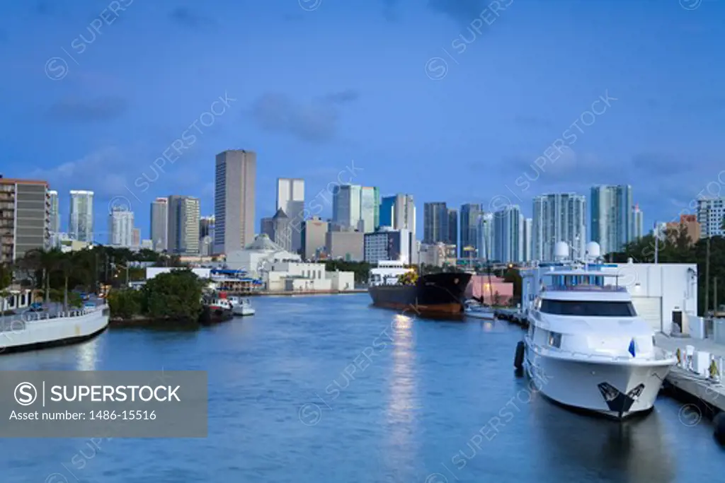Miami River & skyline, Miami, Florida, USA