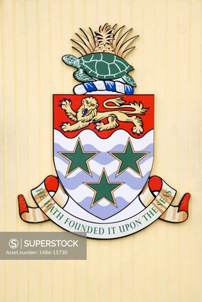 Cayman Islands crest on welcome sign, George Town, Grand Cayman, Cayman Islands, Greater Antilles, Caribbean